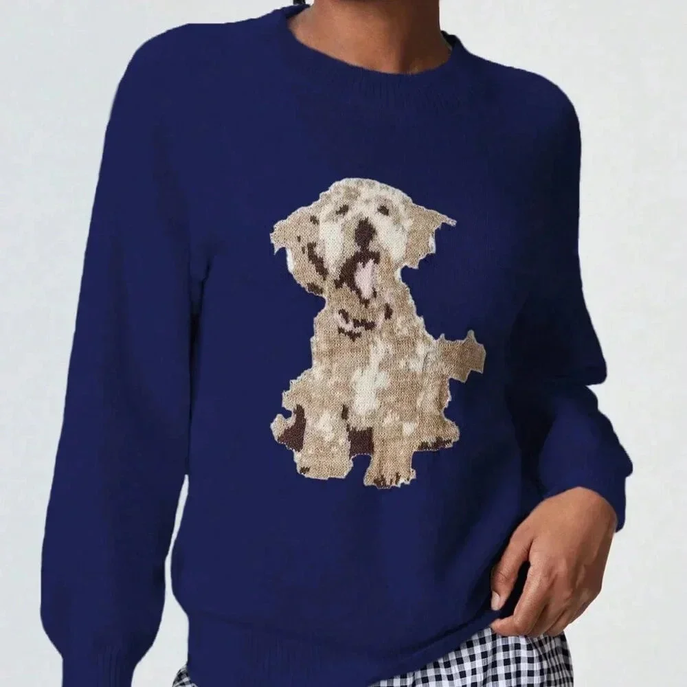 Blue Casual Women's Dog Graphic Knitted Sweater - Picture 5 of 6